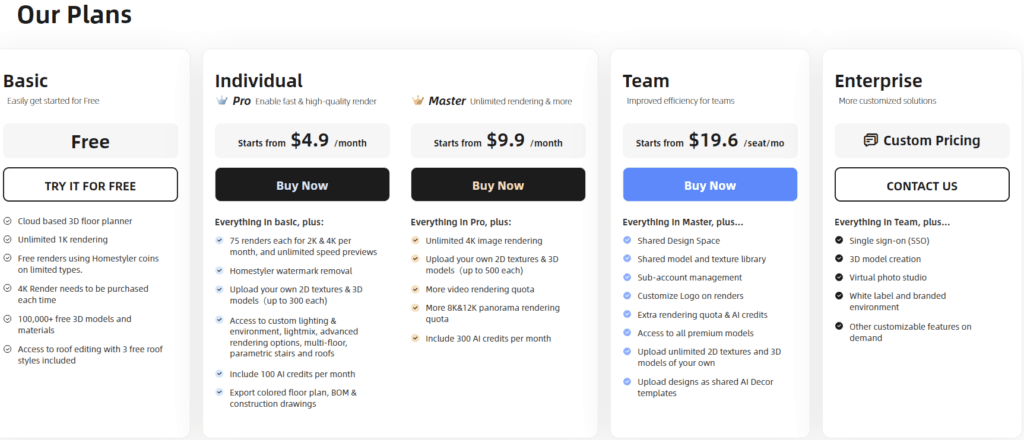 Homestyler Review and Pricing: advanced rendering plans
