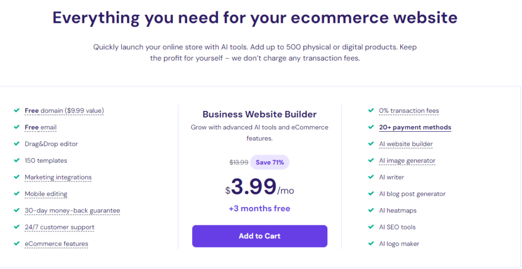 Hostinger Web Hosting and Builder: eCommerce website builder plan