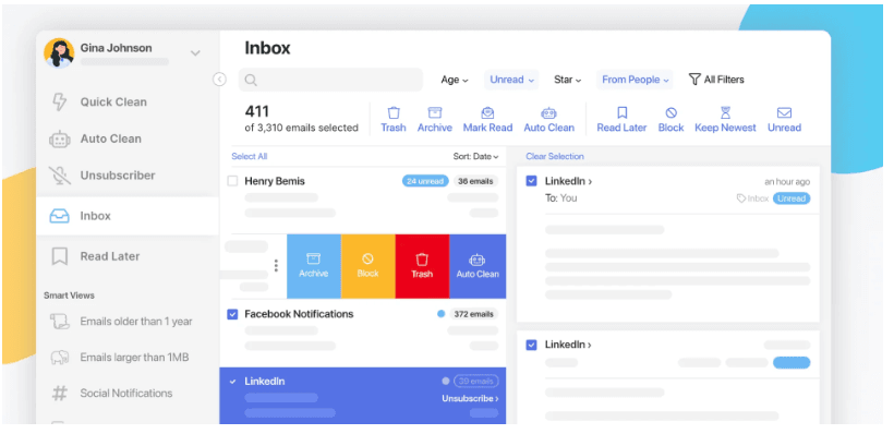 Clean Email Review: Dashboard and user interface