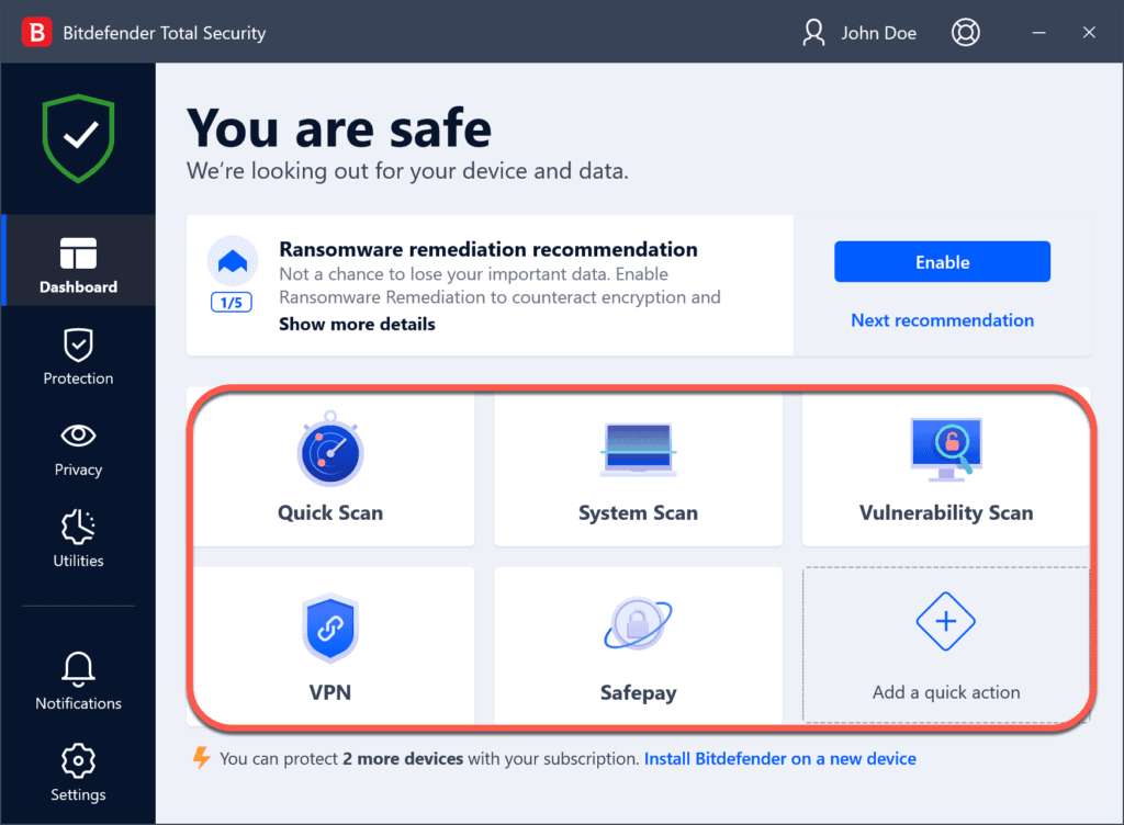 Bitdefender Review: Dashboard