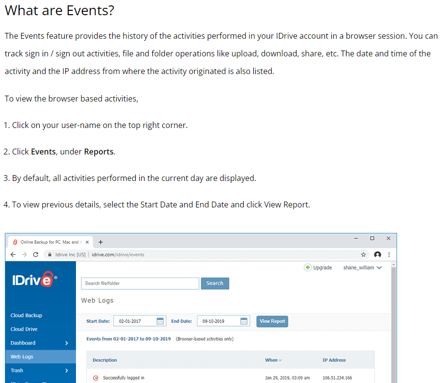 IDrive Review: IDrive events