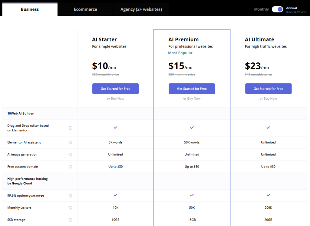 10Web Review: 10Web pricing plans