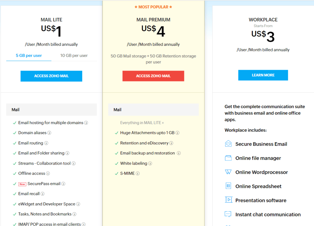 Zoho Review: mail pricing