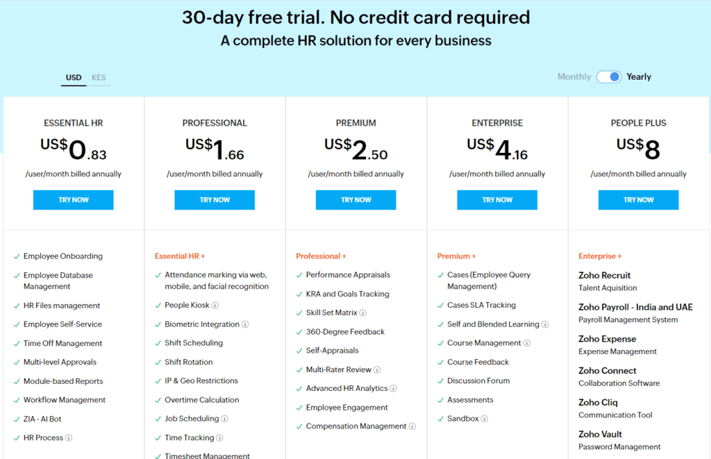 Zoho Review: HR pricing