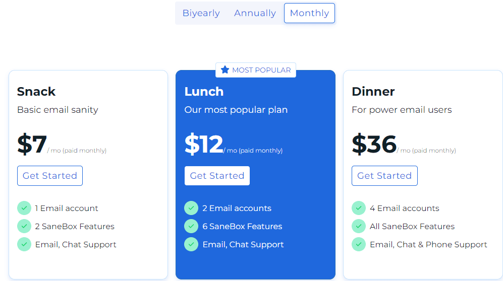 email management tool: Sane Box Pricing